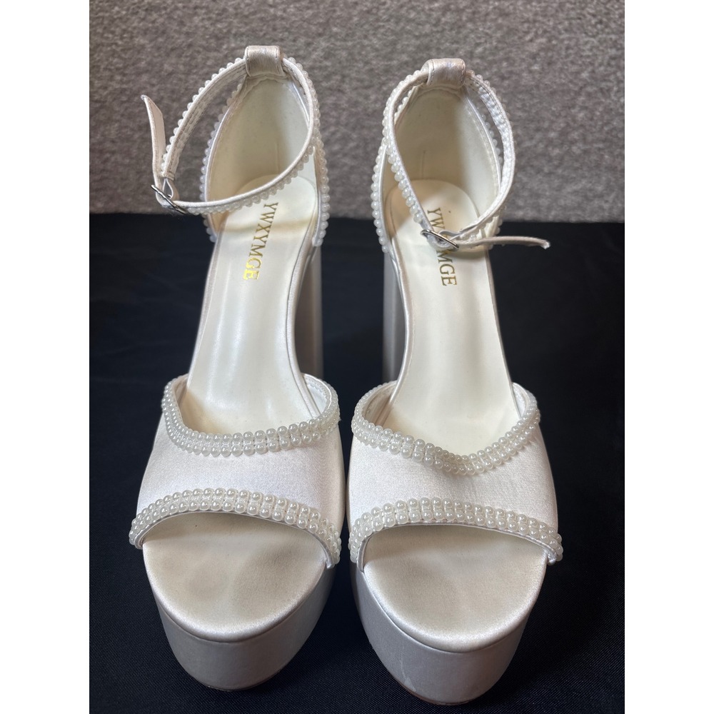 Wedding Shoes Platform Heels Womens 37 White Pearl Satin Ankle Strap Open Toe